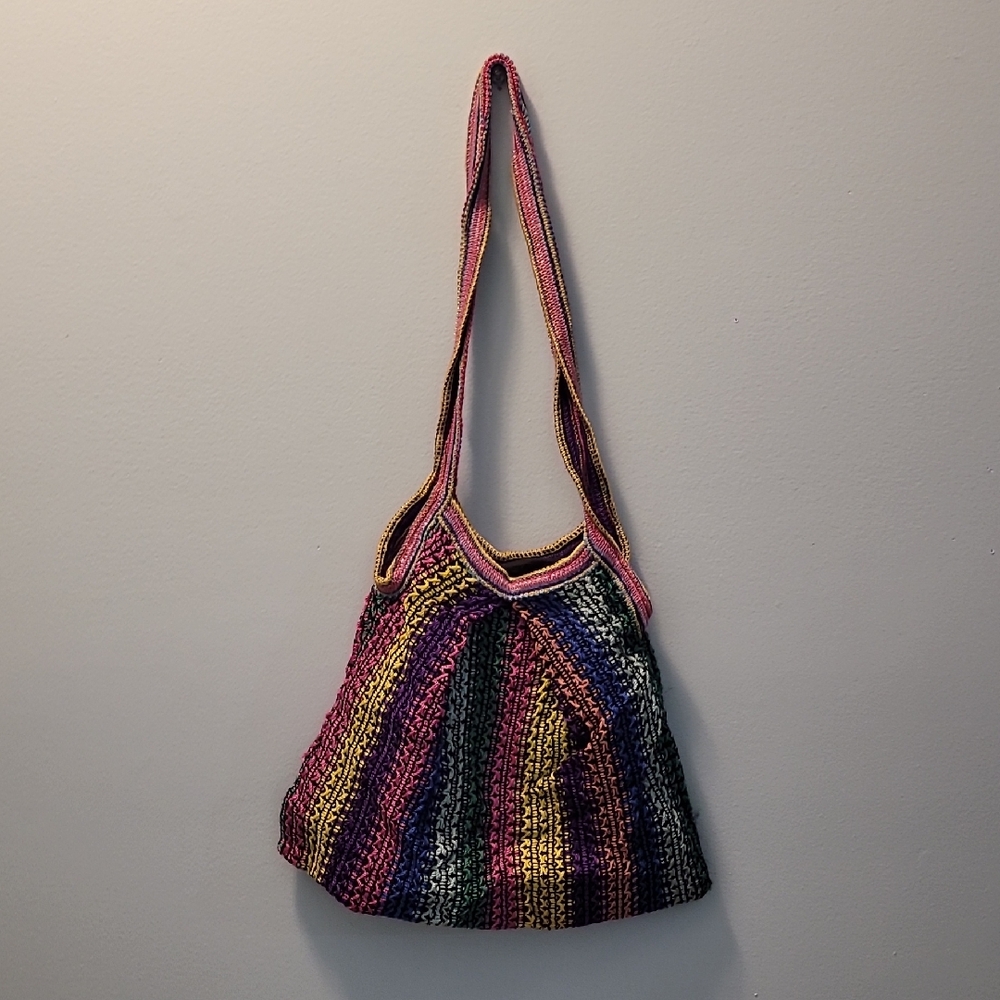 Colorful Striped Crochet Shoulder Bag - Pink, Purple, Yellow, Green